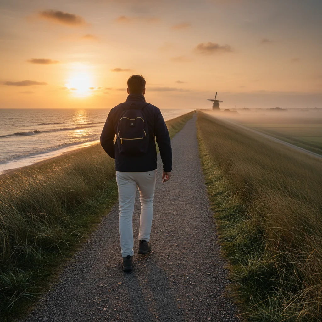 Actieve man op wandeldijk bij zonsopgang - vitaliteit en beweging voor mannen boven 50