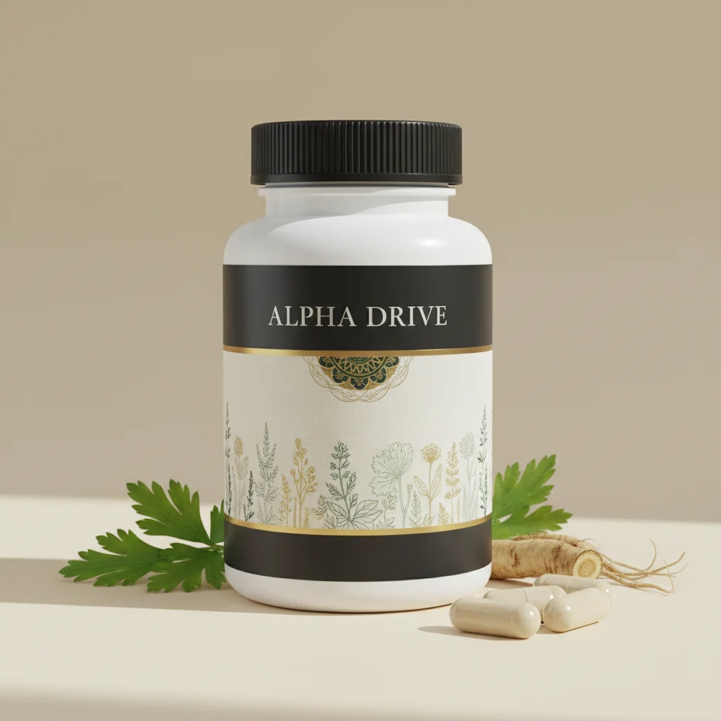 Alpha Drive voedingssupplement voor mannen - donkerblauwe pot met goudkleurig deksel